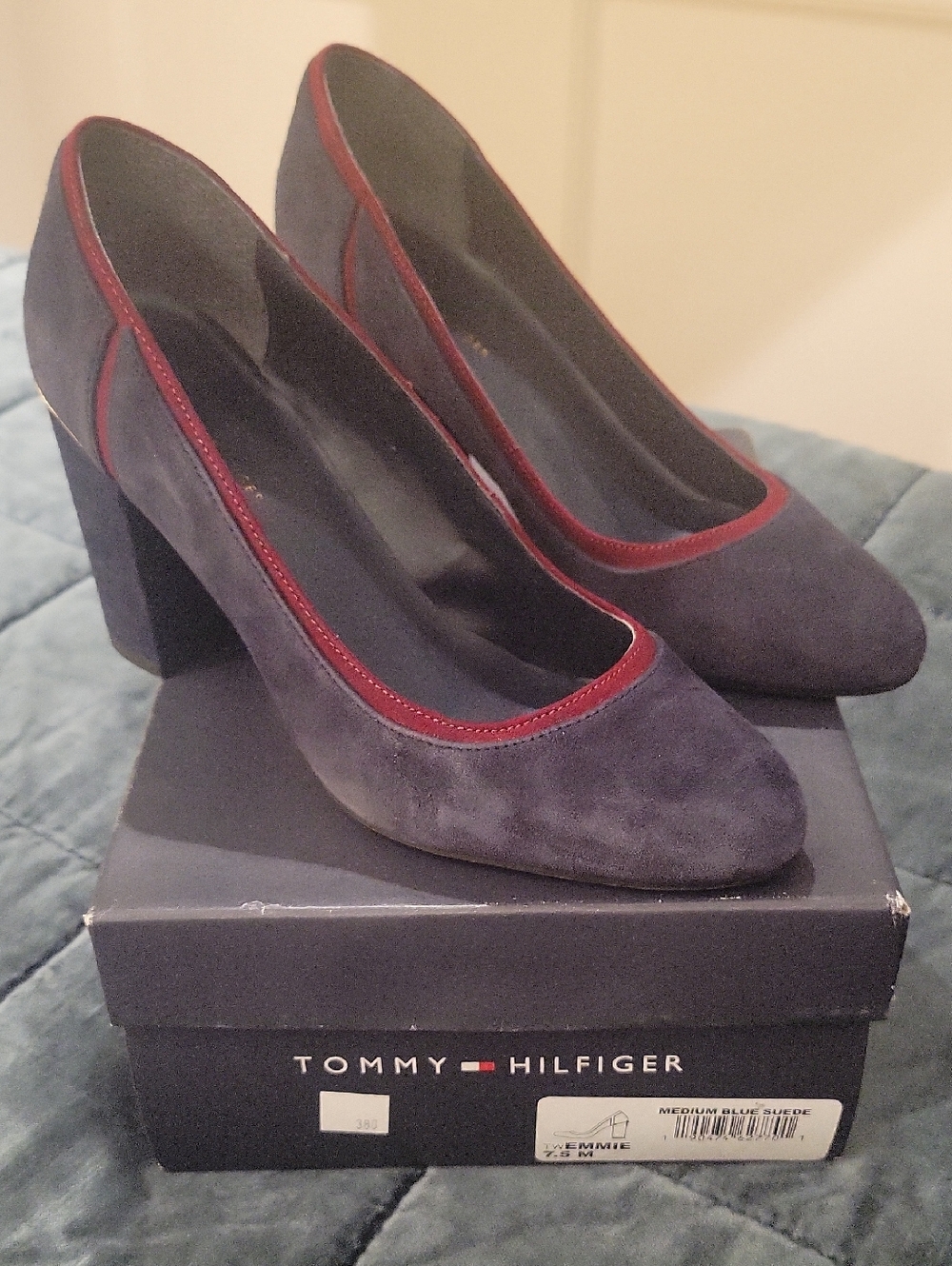 Tommy Hilfiger Navy Suede Block Heel Pumps with Burgundy Trim